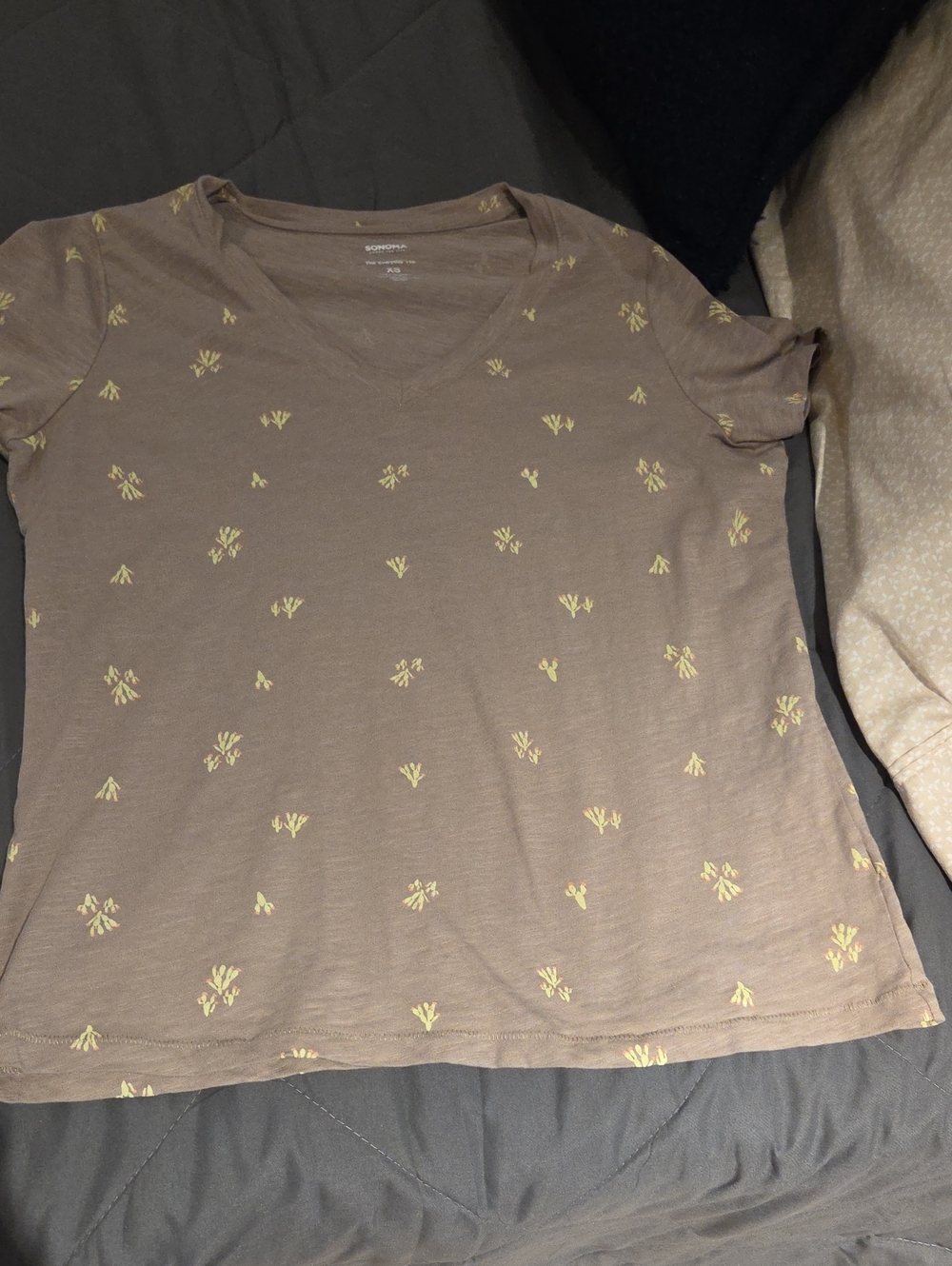 Sonoma Taupe V-Neck Short Sleeve Tee with Desert Cacti Print